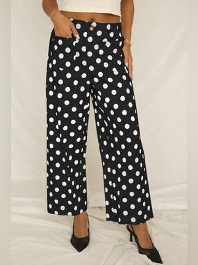 Polka Dot Print Patched Pocket Mid-rise Straight Leg Pants 10010086801